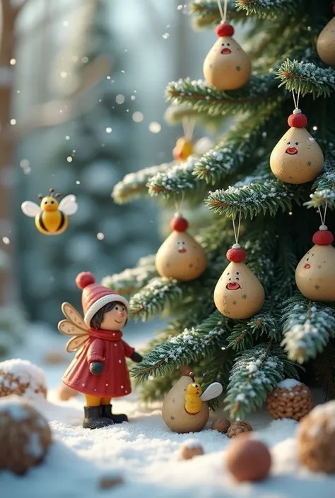 Pebble Christmas tree decorations and ceramic bees play together