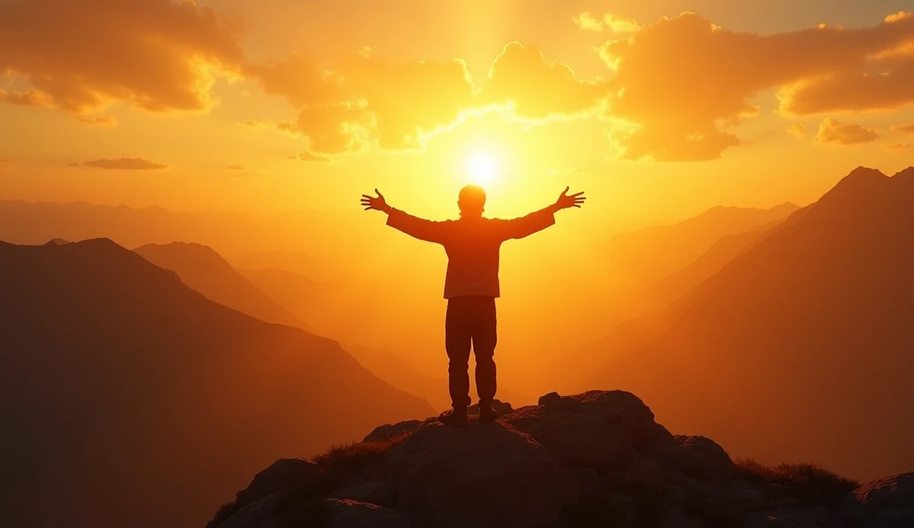 A person standing on a mountaintop at sunrise, arms raised towards the sky, bathed in golden light, symbolizing divine love