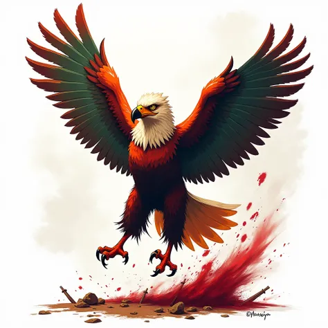 Create a warrior eagle with a white background and Mexican colors with blood around it