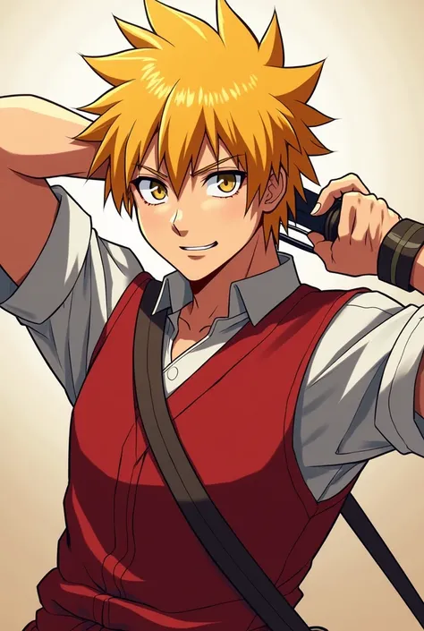  anime character  with yellow hair and red vest holding a bow, an anime cartoon inspired by Kentaro Miura, tumblr, shin hanga, seven deadly sins anime,  handsome face in the art of demon slayer ,  Ichigo Kurosaki, Top anime visuals, best  anime character  ...