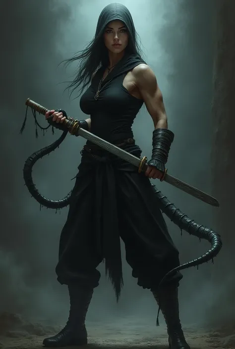 Ninja woman muscled  holding tentacle 