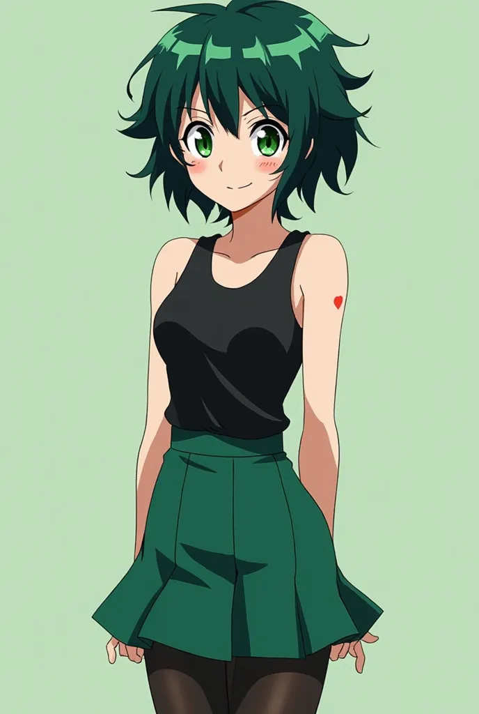   Screenshot of Boku no hero Academia, girl with short hair layered green hair color with black shadows ..a black sleeveless blouse.a short emerald-colored miniskirt . knee-length black pantyhose.short heels .On the face on the cheeks there are freckles in...