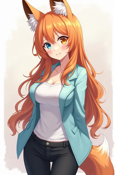 20-year-old anime girl with a fox's ear ,  long wavy orange-haired hair , and bicolor eyes ,  one orange and the other light blue .  Wear a light blue jacket and black pants, has wide hips 