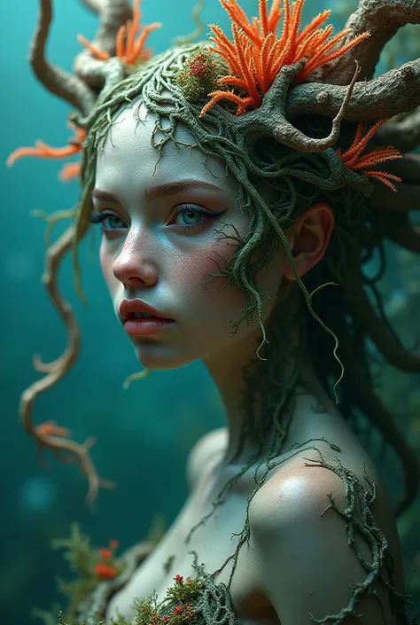  Create a beautiful feminine face , but darker, in fusion with roots ,  elements of the sea such as corals ,  algae and pointed fins ,  amphibians twisted trunks half a mermaid
