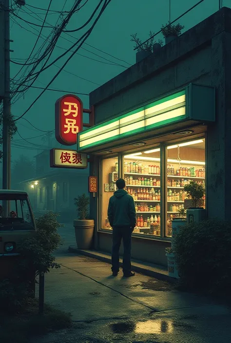 Vintage, 2000's vibe, convenient store, mysterious, laid-back, outside 