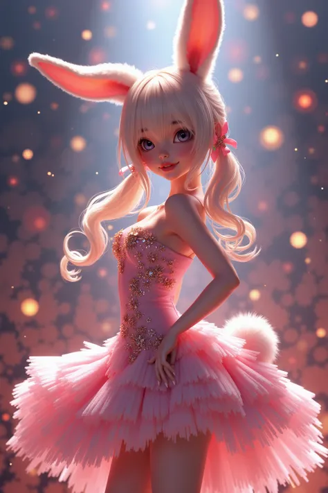 (Extremely detailed 8k unity CG wallpaper), (best illustration), (best shadow), anime, 1girl , half bunny , (idol) , furry, rabbit fur, diva, pretty girl ,pop star, full body , Beautiful dress