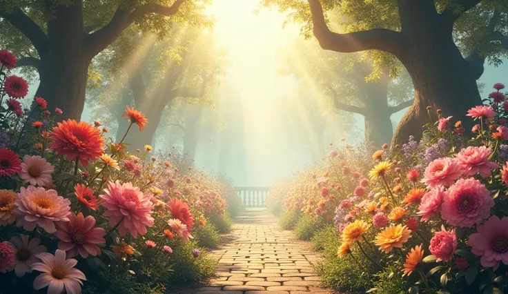 A peaceful garden filled with vibrant flowers, with beams of light streaming down from the heavens