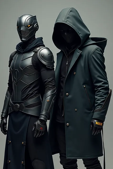 Of course!  Here are some ideas for the characters :

1. ****:  a futuristic warrior ,  with a metallic mask that covers half of his face .  He wears dark armor with details in Neon and has a hood that hides your identity.

2. **Man 2**: a hacker,  with a ...