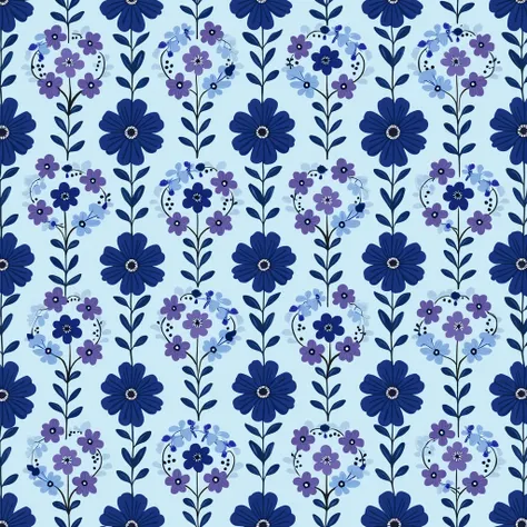 A very detailed floral pattern of many small flowers together with bright, intense and pure colors. The pattern is of many small flowers in deep blue color and light sky blue background. The main flowers are deep dark blue with pure black details and cente...