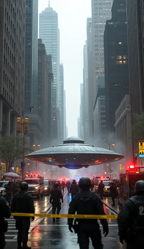 UFO ship crashed on an avenue in New York armed soldiers cordon off the area with yellow tape ,  reporters and people watching around