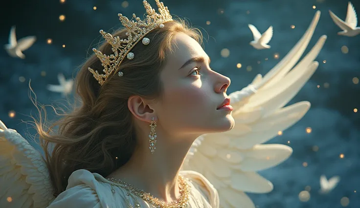  The Princess of the Nebula
With a shimmering crown and a silk dress that seems to dissolve in stardust,  an angelic  contemplates infinity . Her eyes brim with curiosity ,  while small white birds cut through the air ,  giving the impression that she is p...