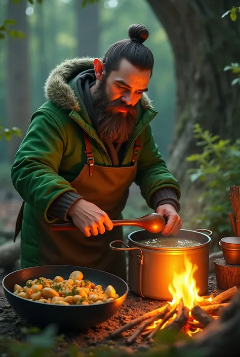 An outdoor woodland scene of the ostric chef cooking over a campfire beside a tree stump table. The ostric stirs a bubbling pot with a wooden spoon while a skillet filled with golden mushrooms and herbs simmers nearby. The glow of the fire lights up the ch...