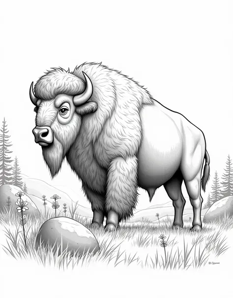 Make A Powerful Bison Standing in a Sunlit Meadow – A massive bison with shaggy fur, standing in a wide field of tall wildflowers, with large, smooth rocks and distant trees filling the scene. everything done like bold pencil line art. coloring pag