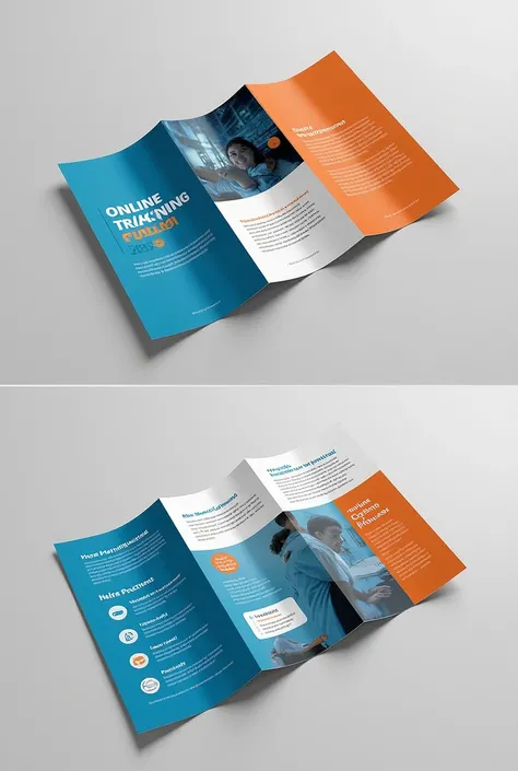 Trifold elearning orange et bleu, le titre c'est : catalogue de formation enligne 2025 