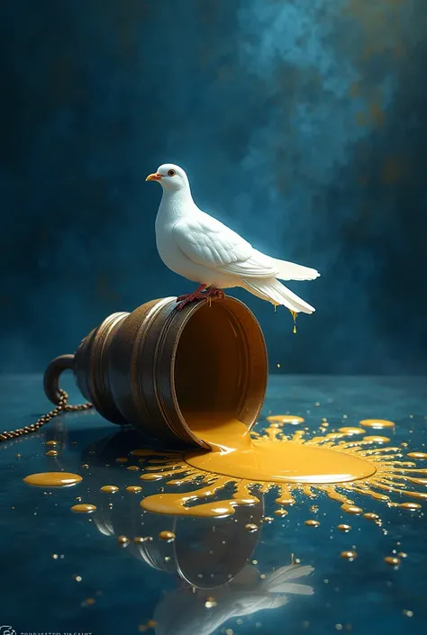 a pot of oil that is spilled and a dove on top of the pot
 In royal blue and gold