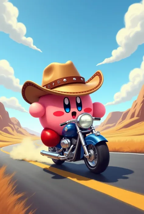 Kirby wearing a cowboy hat running after a motorbike