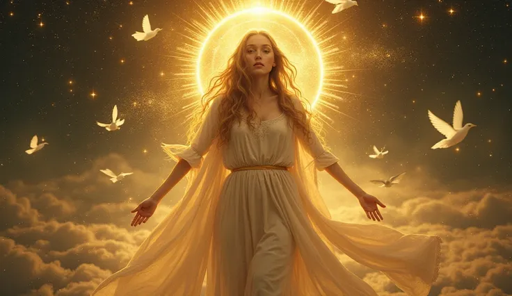  The Keeper of the Firmament
Surrounded by a golden aura and floating in a sea of stars, A serene one mixes with the vastness of the cosmos.  Her gaze transmits wisdom and innocence at the same time ,  while white birds fly gently around her , as if follow...