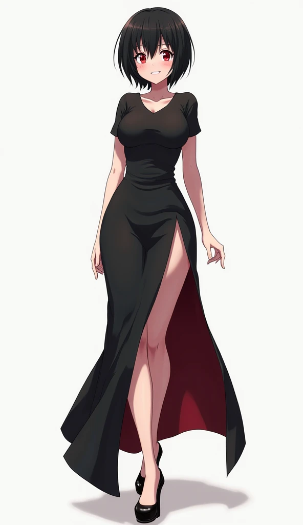 An anime woman with short, shaggy black hair, red eyes, wearing a tight black shirt that reveals the waist and a very long skirt slit on the sides with high heels with thick heels. Her breasts are large and she is smiling.