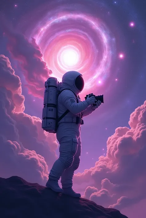  astronaut holding photo camera, With purple galaxy elements around