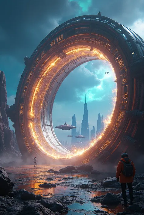 "An ultra-high-definition 8K depiction of a colossal, futuristic wormhole generator, an advanced alien device designed to create a stable portal between distant planets and extraterrestrial civilizations. The structure is an immense circular gateway, const...