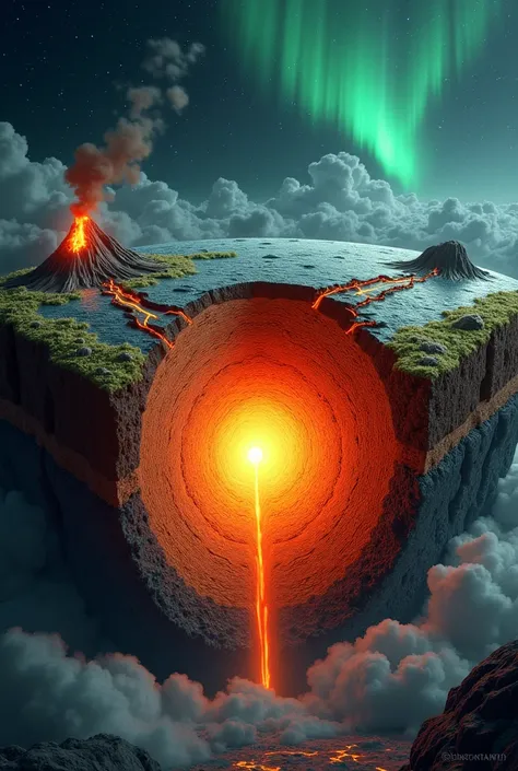 * Central Scene **:  
 A stylized representation of  ** Earth in cross section **,  showing their inner layers  (crust, cloak,  liquid outer core and solid inner core ).  In the outer core ,  wavy lines in shades of orange and yellow suggest the movement o...