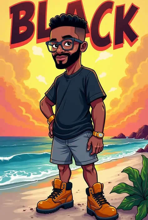  Picture Description :

 A black man of approximately 30 years old ,  with stylized and cartoonish features ,  inspired by the vibrant and lively beach style of  " rhymezlikedimez ".  She has a small goat beard that covers her chin, very small and super sh...