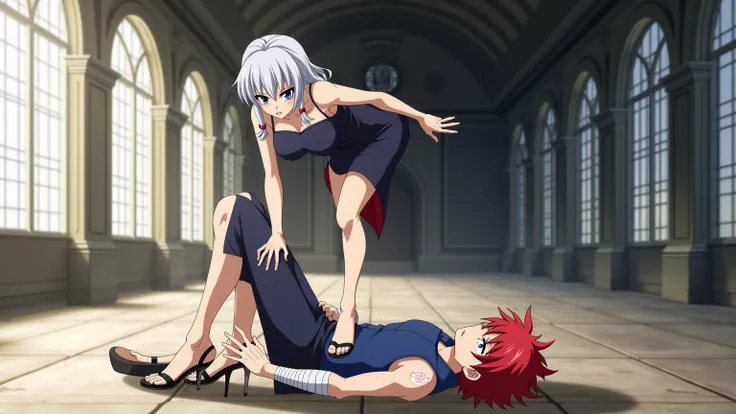  A dynamic anime scene ,  depicting a dominant girl and a defeated guy . A girl with big breasts stands with confidence,  stepping on the back of a young guy .  The girl has silver-white hair ,  gathered in a neat hairstyle with a few curls ,  falling on h...