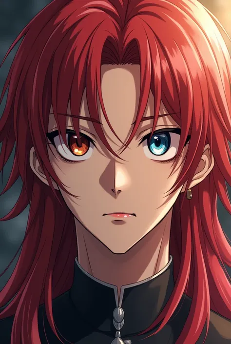 An anime man, With long apple red hair and with one eye colored brown and the other light blue 