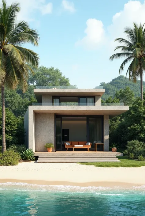 Concrete 7 x 7 square meter bungalow with a front porch and roof deck on a beachfront