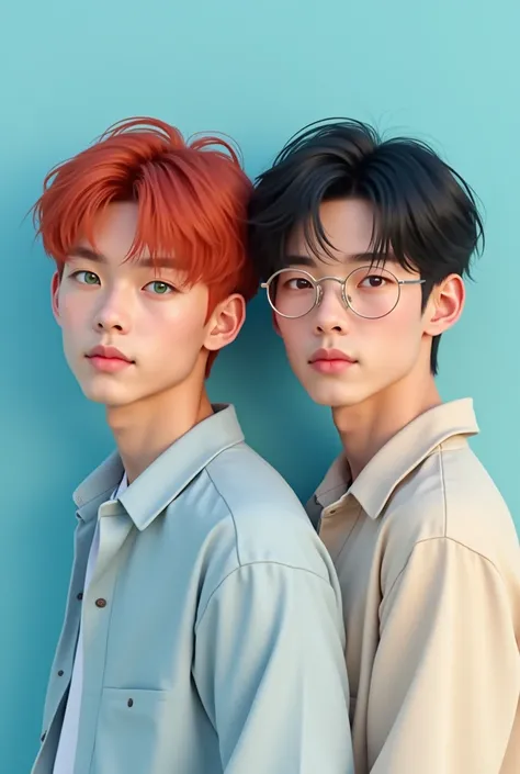 Two young men posing,  one red-haired and green-eyed and the other black-haired, With brown eyes and Asian features,  both on a pastel light blue background 