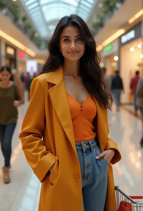 portrait of a confident Indian woman in a modern attire in a shopping mall with shopping kart , 20 years old, confident, top notch 3d model, extremely beautiful, realistic, intricate facial details, no flowing capes, high quality, super detailed, hyper rea...