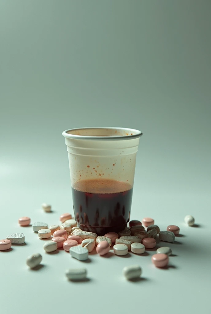 Drugs in disposable cup with pills around it 