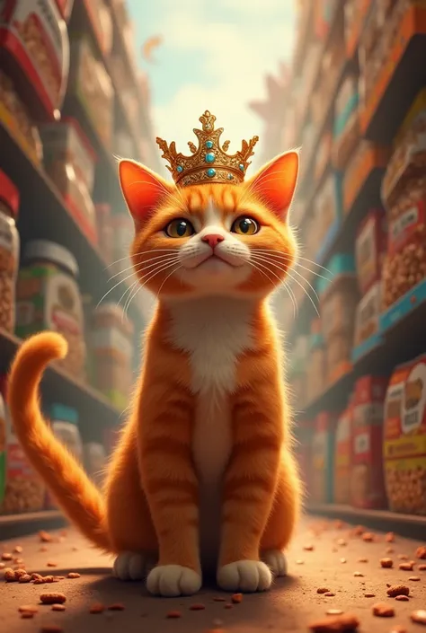 Orange cat at the bottom of a cat food tower and a crown on its head 