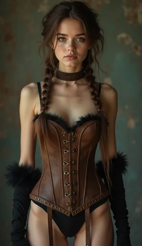 Amateur ultra-realistic photo of a innocent norwegian , she is a real 15 y old, (skinny body), skinny legs. brunette hair in braids, she wears a brown suede corset with fur accents, she wears a brown choker on her neck, she has long gloves on her arms, she...