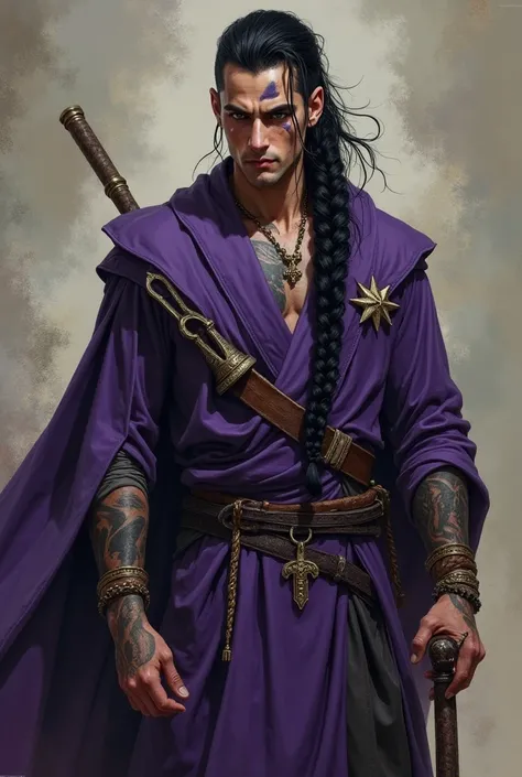 Homme non binaire. Trentaine.  Long black hair tied in a long braid, Shaved head part. Tattoos on.  Left part of the face burn scar.  Wear a long purple garment and a stick that he uses as a weapon.  Fighting priest. Eyes made up, Folded goods and jewelry