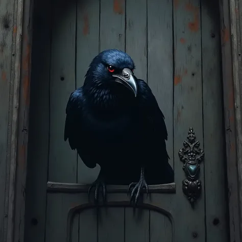 A digital art style image of an evil raven sitting on an old library chamber door