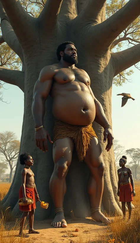 "Hyper-realistic scene of a colossal Hadzabe man, 16 feet tall, barefoot with cracked, oversized feet, climbing a giant baobab tree. His belly protrudes slightly under a lion-skin belt, and his arms bulge with muscle as he reaches for a beehive. A tiny hon...