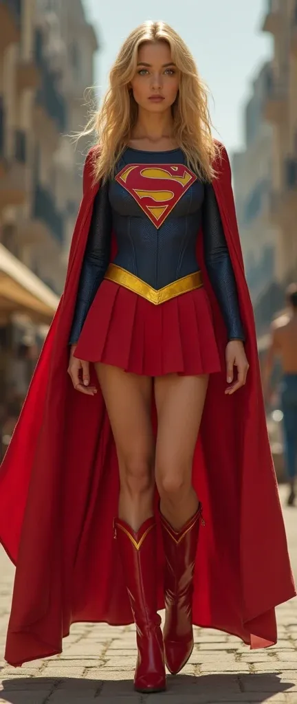 live-action、 full body image of a sexy age woman  ( big size:9.8)   dreamy blue eyes and medium messy golden blonde hair =TOP SUPERGIRL COSTUME,  short red pleated skirt with yellow supergirl belt ,  red high-heeled supergirl boots ,  and short red supergi...