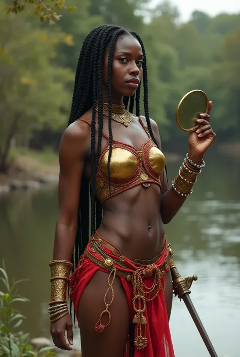 Generate the image of a black female warrior, African style, with braided hair,  using a small sword in the right hand,  outfit wearing a small mirror on the left hand, and wearing a gold outfit with red, near a river