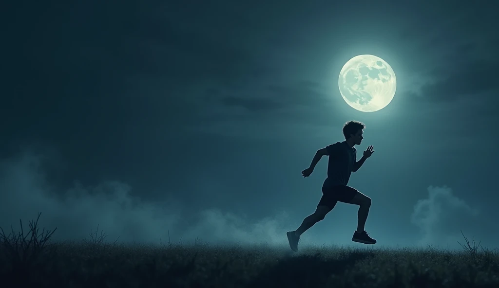 A young man runs at night under the moonlight, his shadow extends over the ground, the weather is calm and mysterious