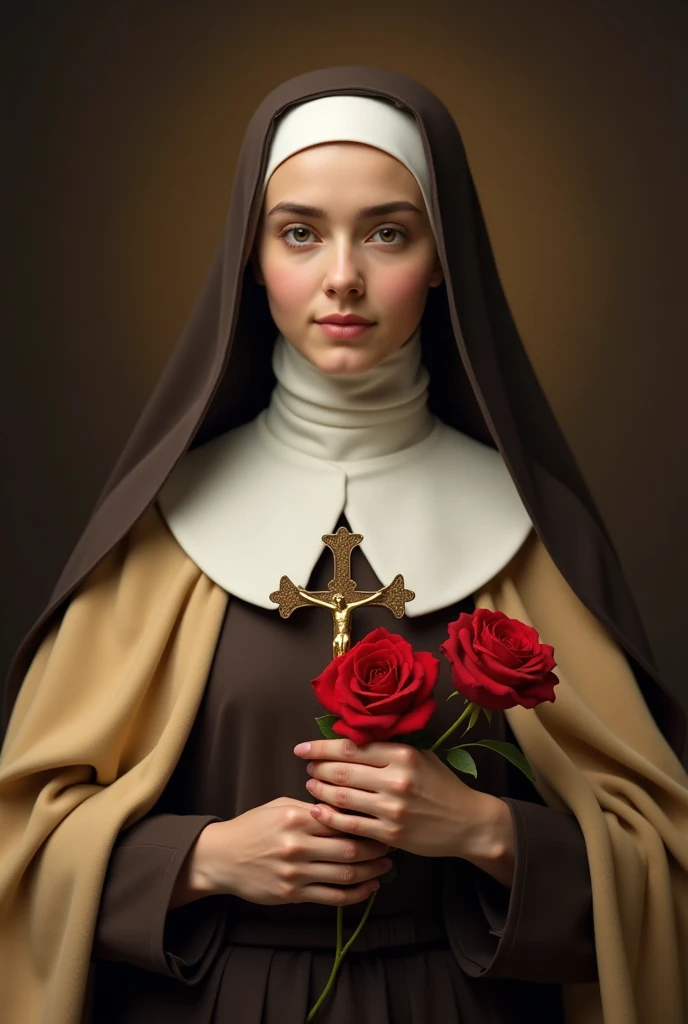 Image of a beautiful nun, Lovable with dark brown robe, Beige cape and brown robes,  holding a crucifix and red roses in his hands, depicting Saint Thérèse of the  Jesus as the Catholic Church represents