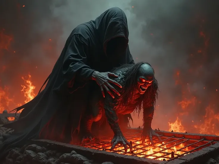 Generate an image of hell, Ambient red light, a fire grill on top of rocks, a man wearing a black robe over this grill and a demon holding his legs