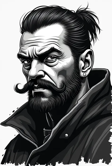 face image of a serious Cossack man with a chup with a long mustache and an earring in his ear black and white art vector minimalistic for the logo