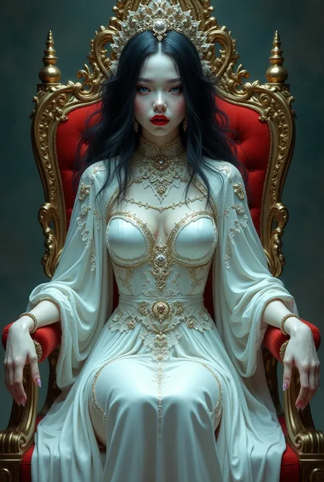 Create an image of an Androgen Goddess,  with the face of more than a woman and the same hair,  and her body very Androgen please ,  that the Deity is dressed and enthroned , That her hair is black ,  blue eyes,  and red lips and skin like snow .