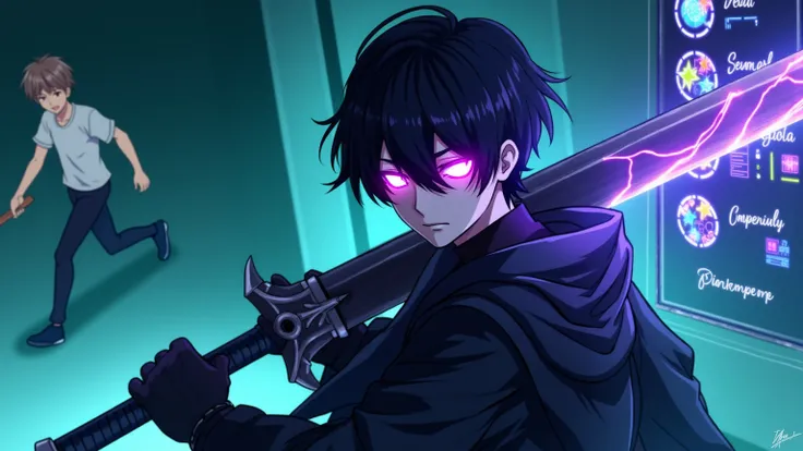 Anime style illustration - In the foreground is mysterious, professional character with short black hair,  dark professional character in black tactical clothes , , holding a massive ,  an ominous neon sword With purple glow and sharp , with aggressive pat...