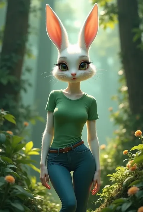  A white rabbit with long eyelashes and a woman's body,  Medium Breasts,  wide hips,  round butt, Green T-shirt,  blue pants , looking at the camera in the middle of a forest ,