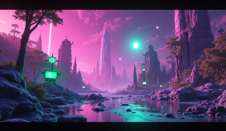 error 404, video intro, purple, lime green, alien looking scene, neon colors, neon lights