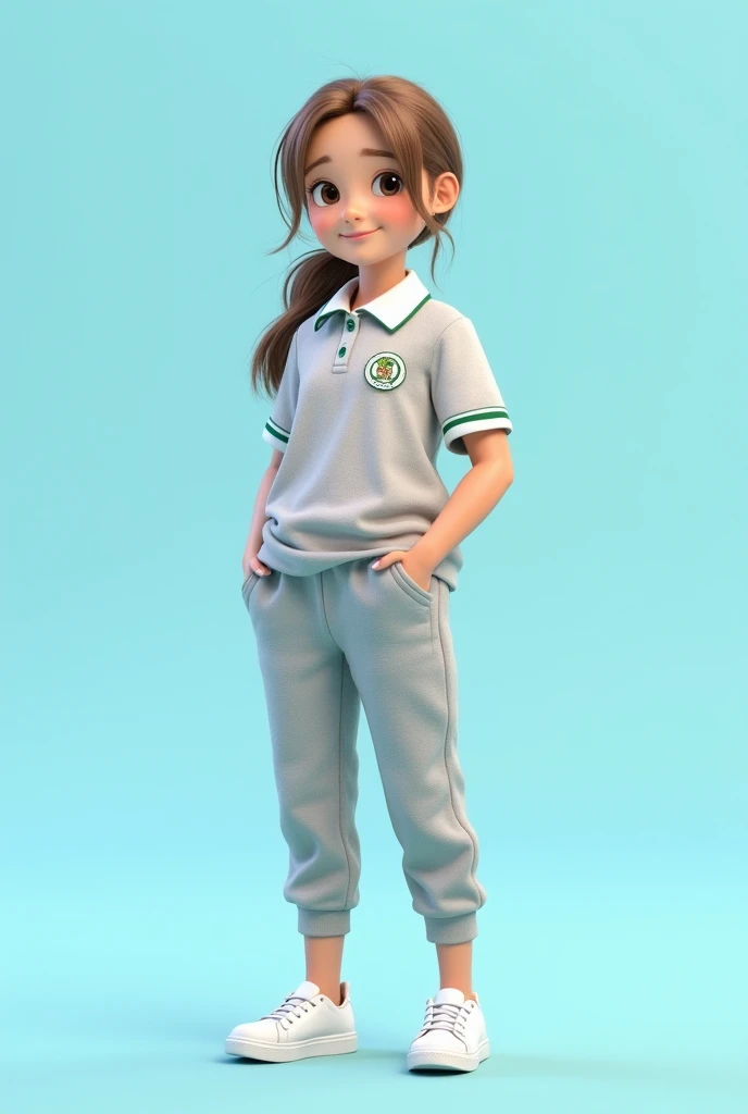 A girl of about  ,  with light brown hair tied in a ponytail ,  wears a classic school sweatshirt .  She wears a white short sleeve sports shirt ,  with a polo collar with green lines , and light gray sports pants. The long sleeve buso of the sweatshirt is...