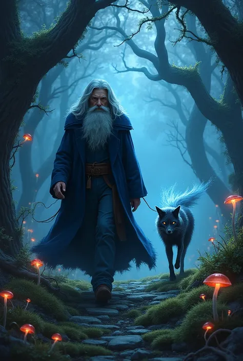 Create a wizard walking his pet in an enchanted dark forest