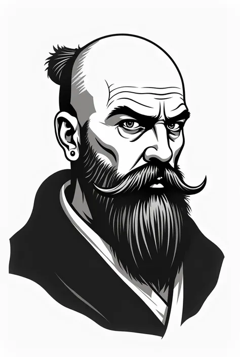 face image of a serious Cossack man with a chup and a bald head with a long mustache without a beard and an earring in his ear black and white art vector minimalistic for the logo